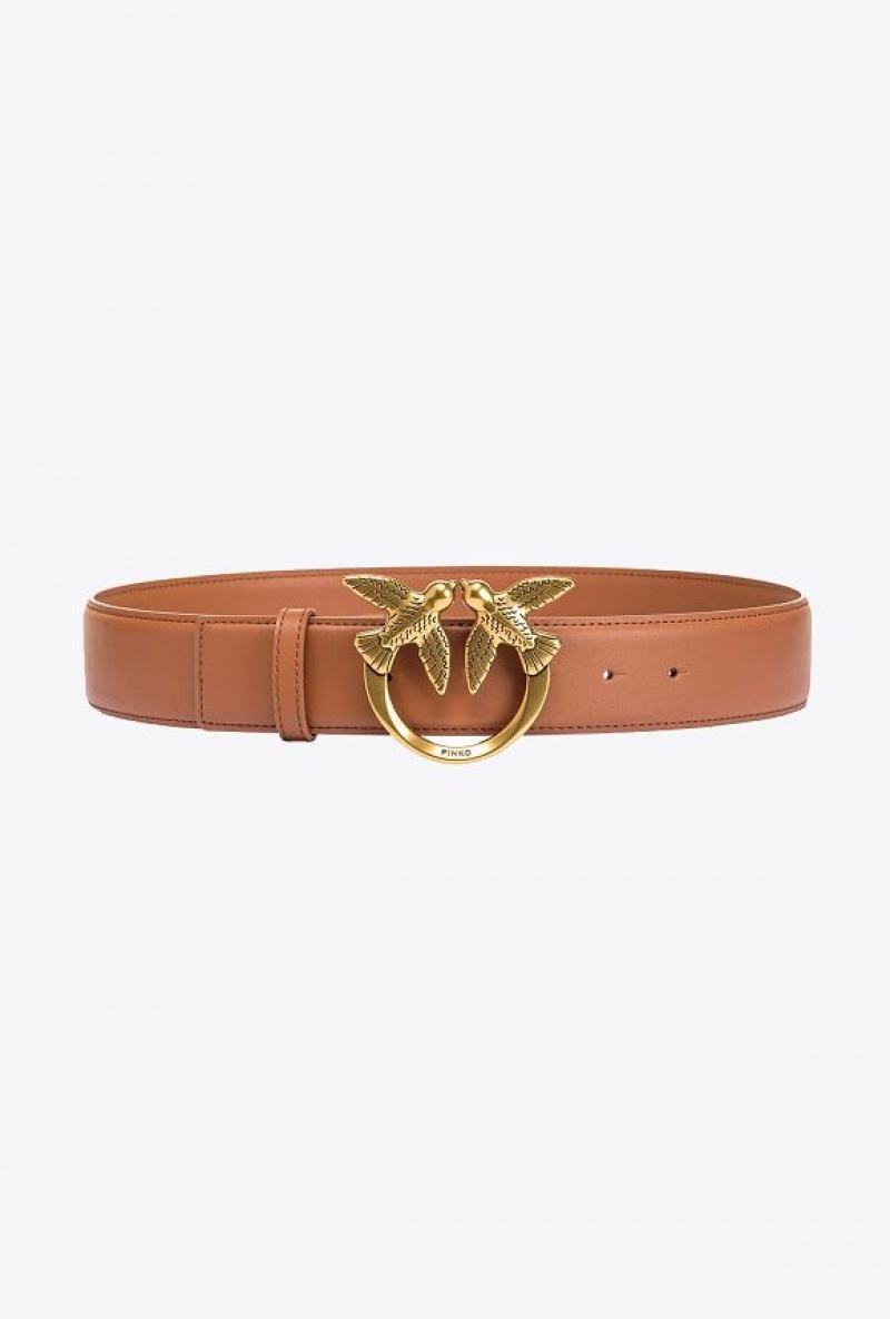 Pinko Love Birds High Leather Belt 4cm TAN ANTIQUE GOLD | SN-PKO34228