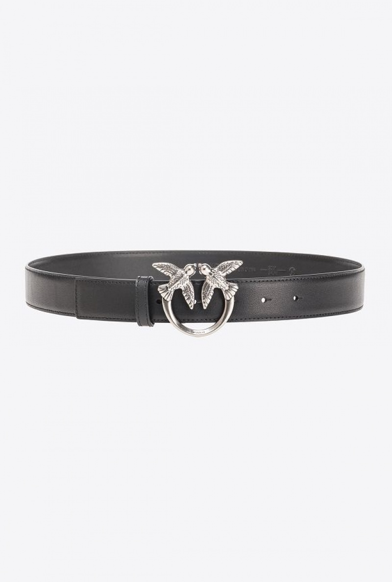 Pinko Love Birds Leather Belt 3cm BLACK-OLD SILVER | SN-PKO34252