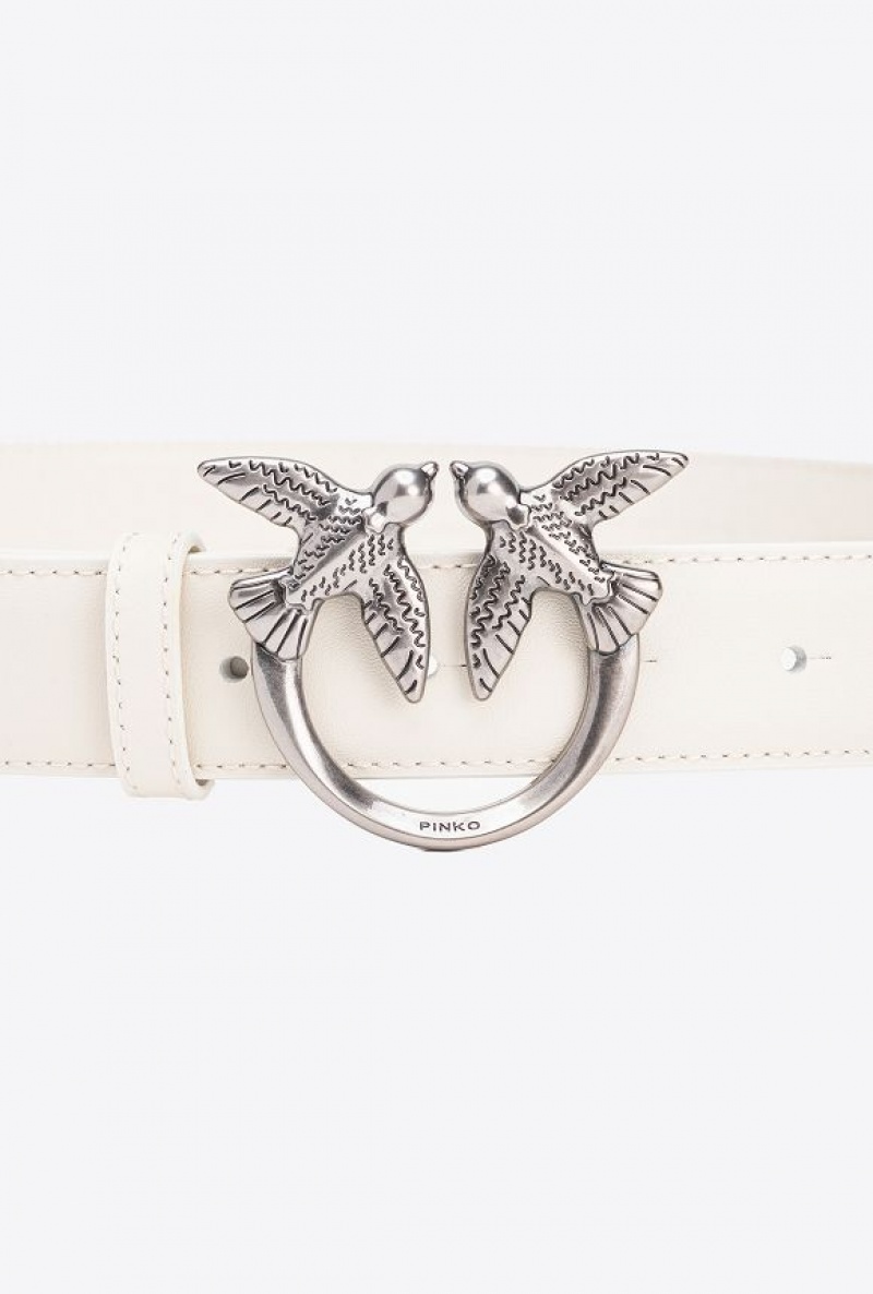 Pinko Love Birds Leather Belt 3cm WHITE+WHITE-OLD SILVER | SN-PKO34171