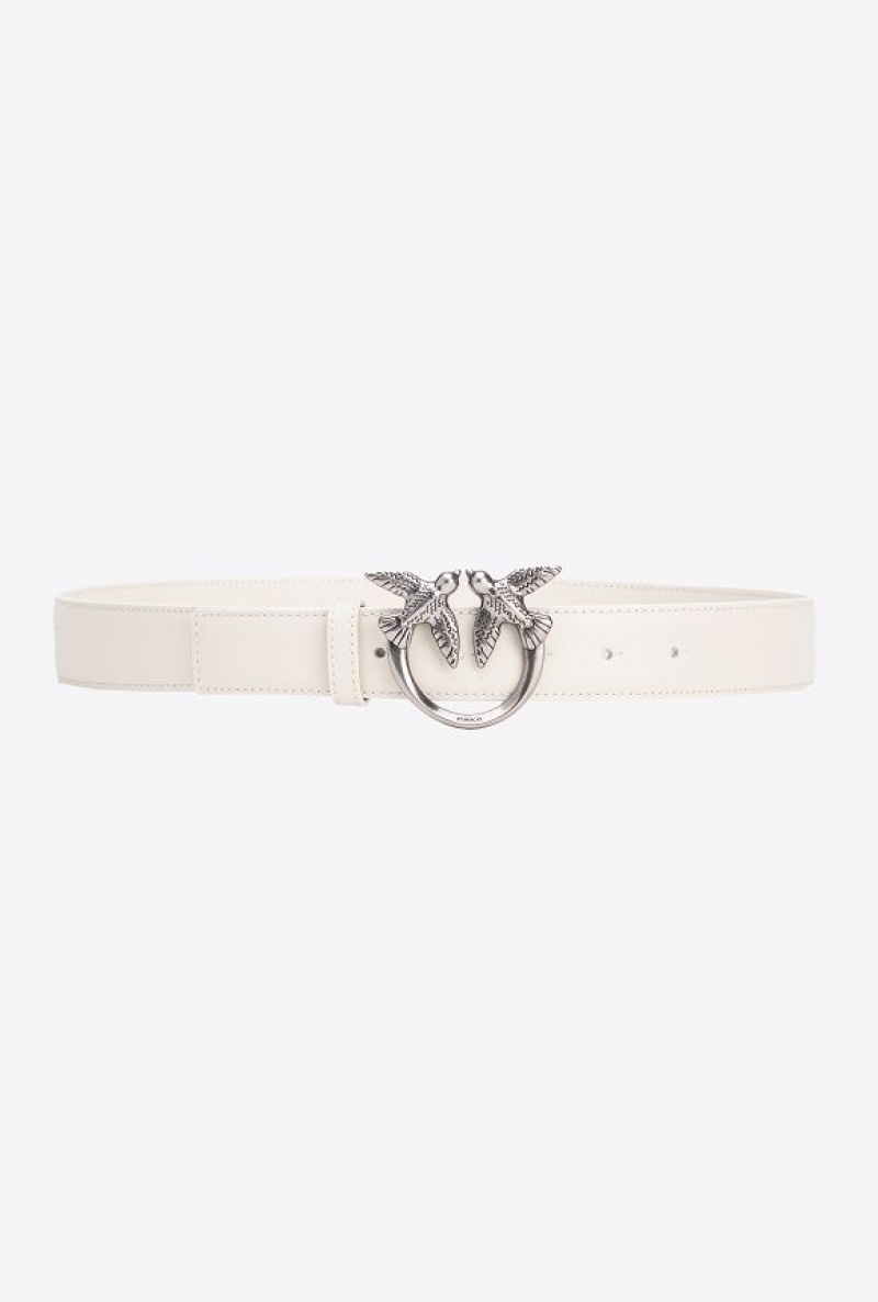 Pinko Love Birds Leather Belt 3cm WHITE+WHITE-OLD SILVER | SN-PKO34171