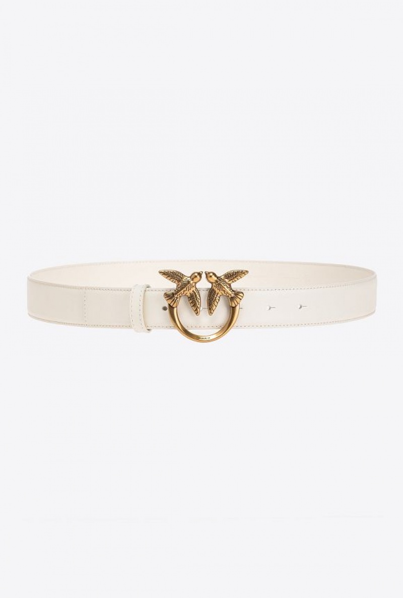 Pinko Love Birds Leather Belt 3cm WHITE+WHITE-ANTIQUE GOLD | SN-PKO34232