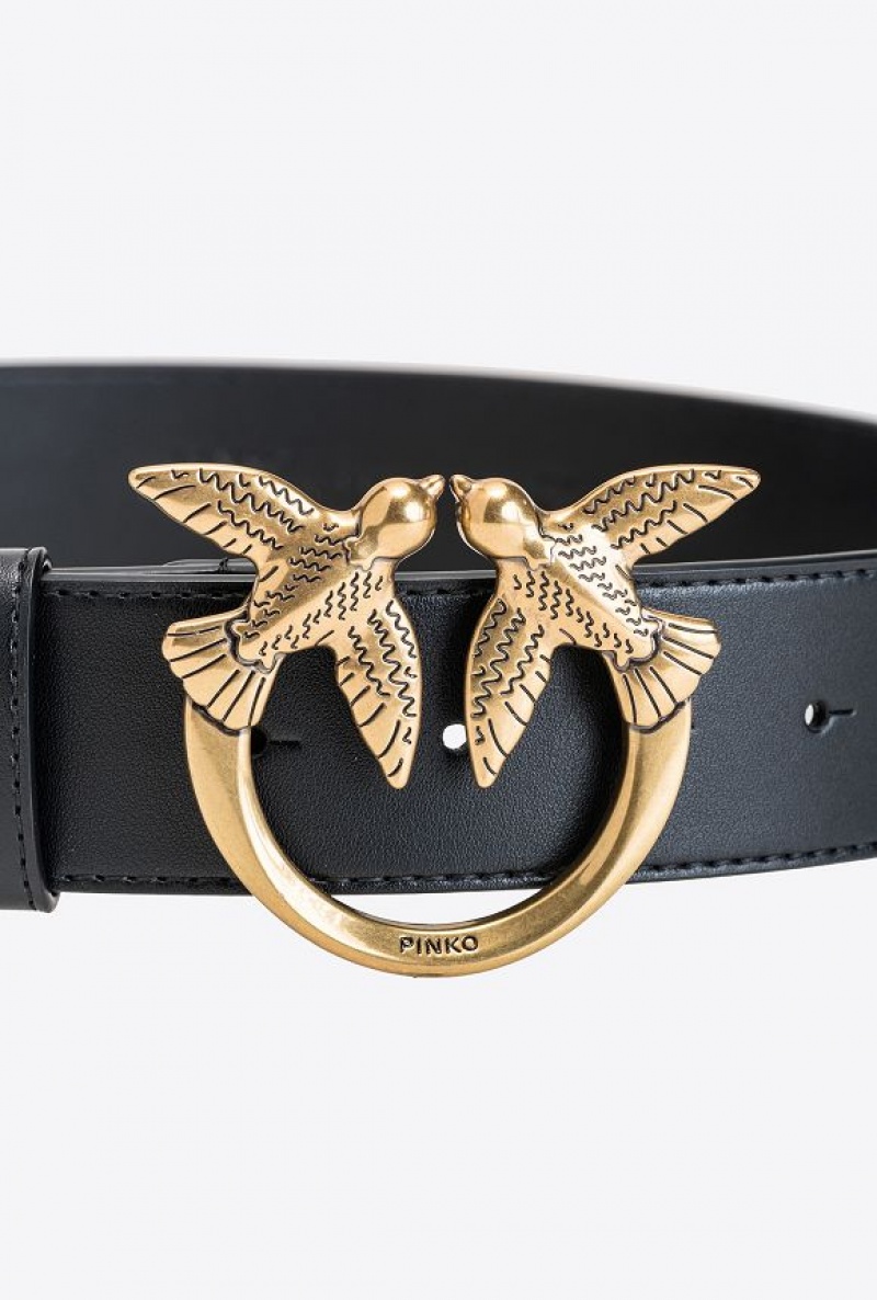 Pinko Love Birds Leather Belt BLACK-ANTIQUE GOLD | SN-PKO34202