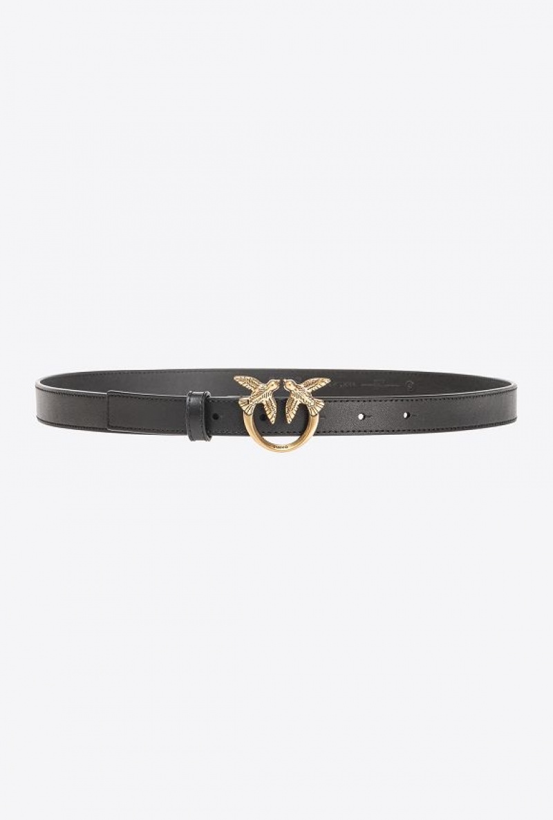 Pinko Love Birds Thin Leather Belt 2cm BLACK-ANTIQUE GOLD | SN-PKO34255