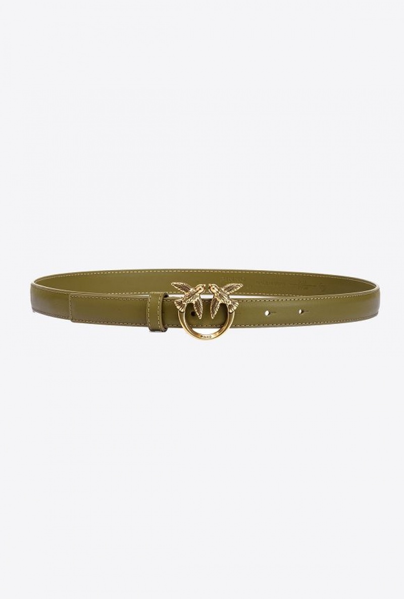 Pinko Love Birds Thin Leather Belt 2cm FIR GREEN-ANTIQUE GOLD | SN-PKO34235