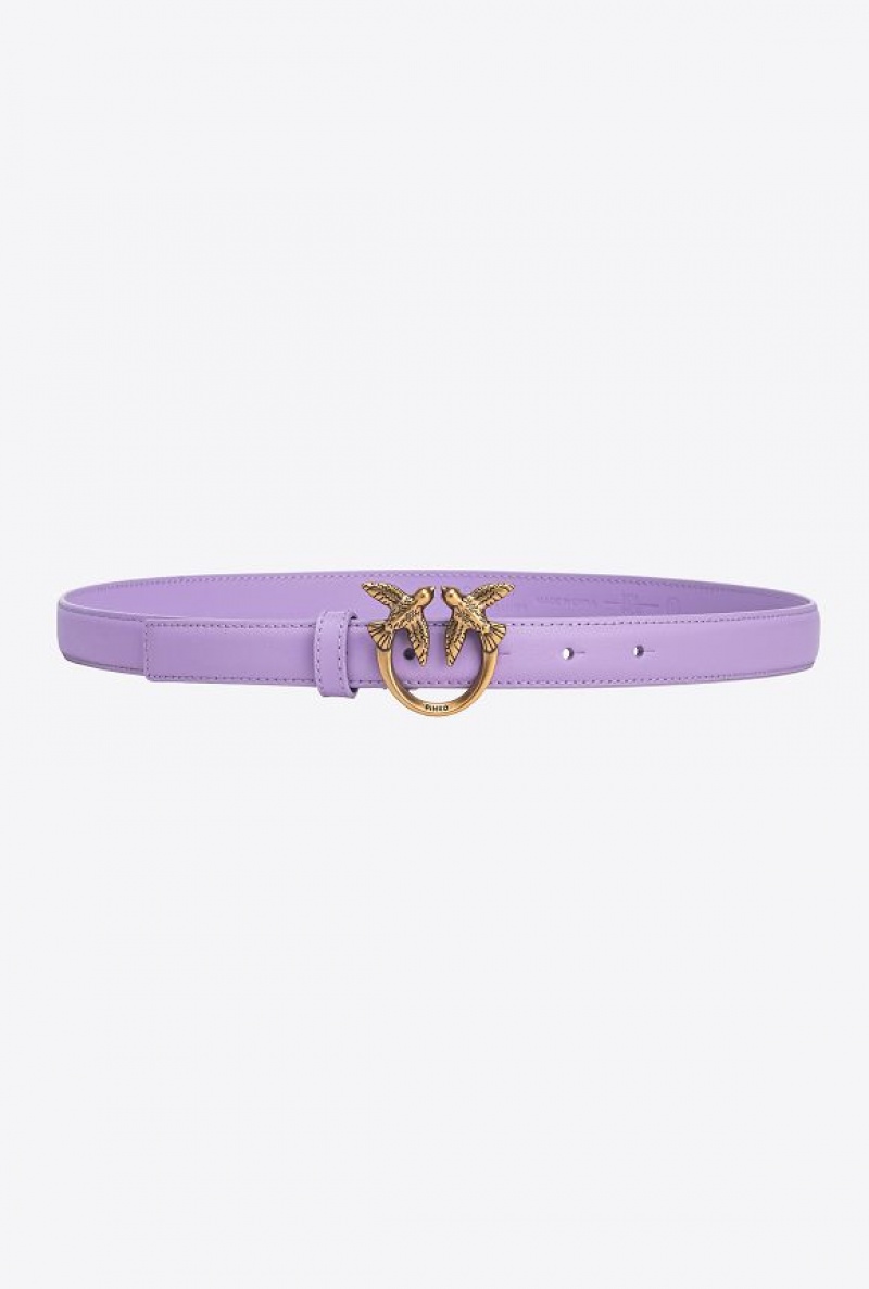 Pinko Love Birds Thin Leather Belt 2cm PURPLE TULIP-ANTIQUE GOLD | SN-PKO34236