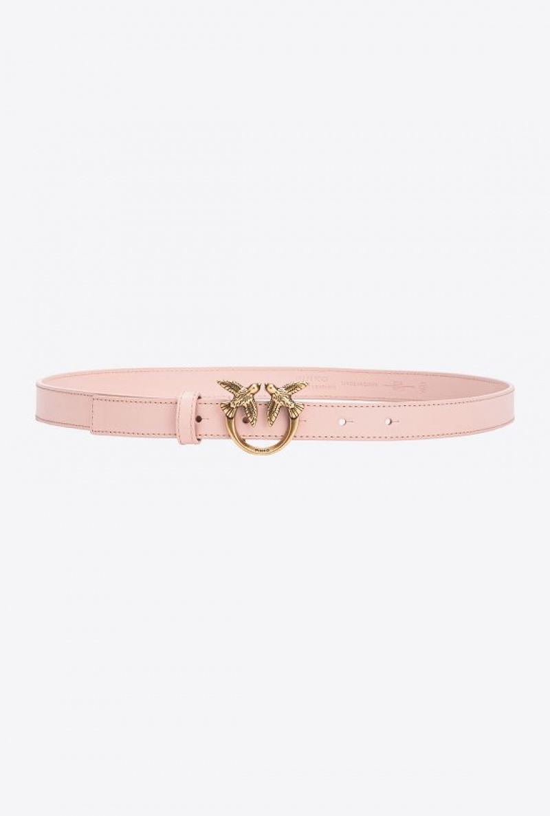 Pinko Love Birds Thin Leather Belt 2cm PINK/DUSTY PINK-ANTIQUE GOLD | SN-PKO34237