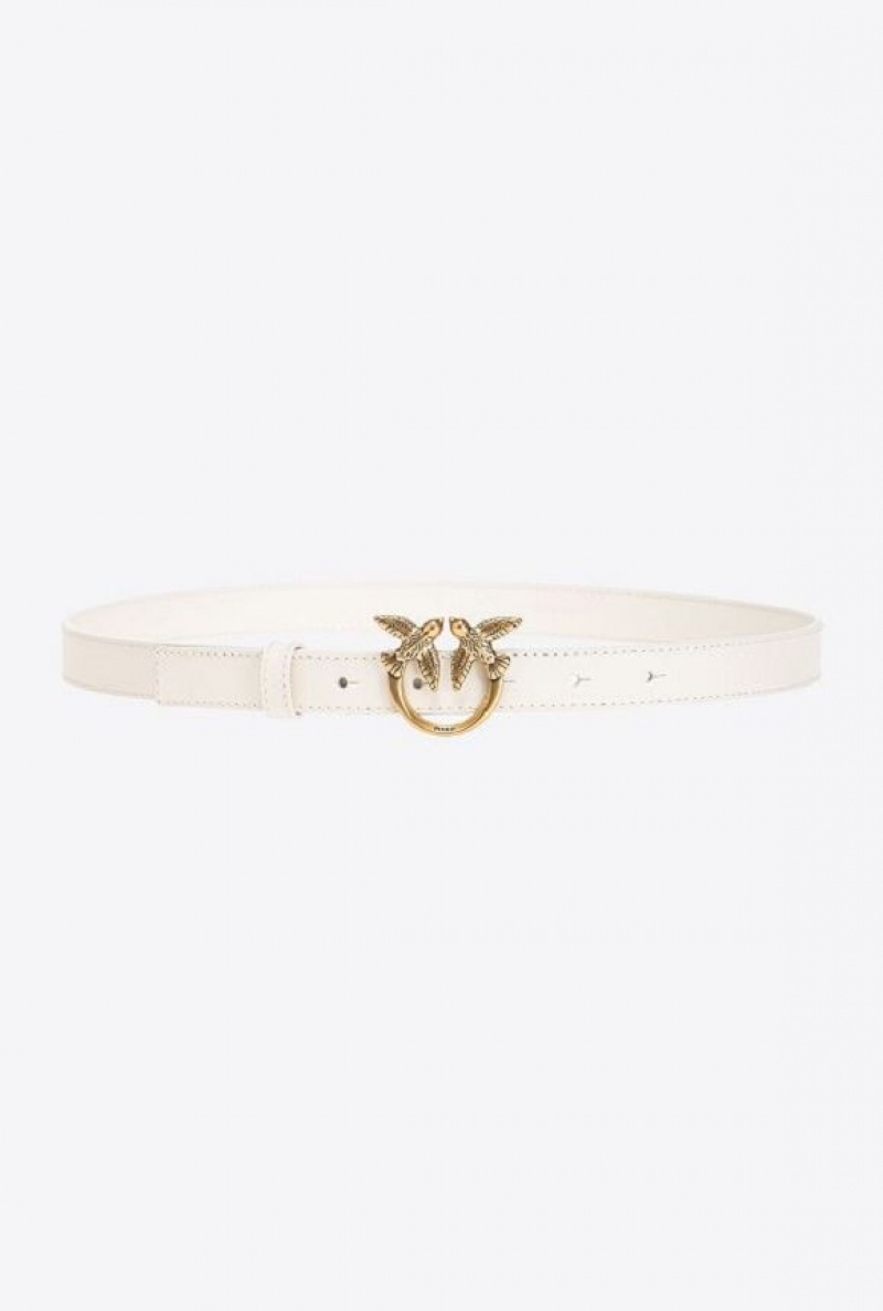 Pinko Love Birds Thin Leather Belt 2cm WHITE+WHITE-ANTIQUE GOLD | SN-PKO34238