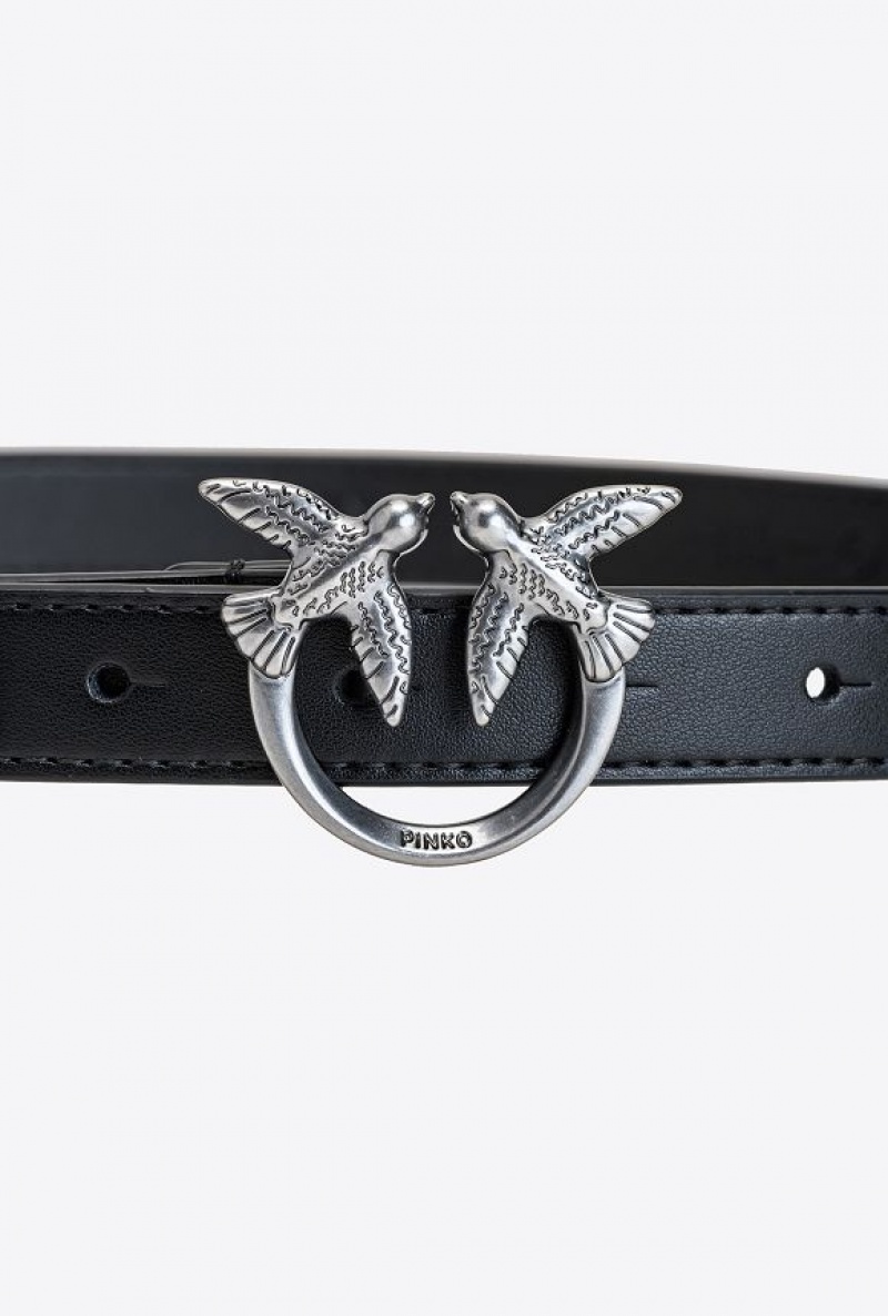 Pinko Love Birds Thin Leather Belt BLACK-OLD SILVER | SN-PKO34173