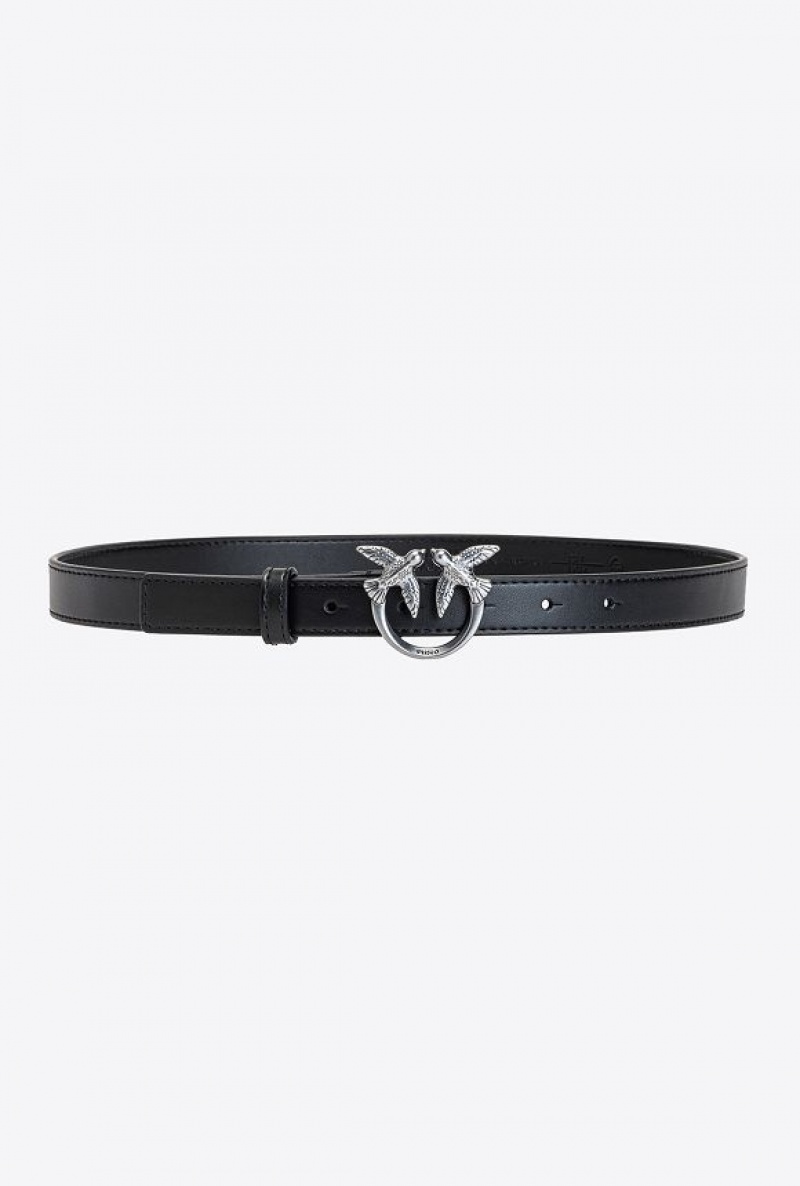 Pinko Love Birds Thin Leather Belt BLACK-OLD SILVER | SN-PKO34173