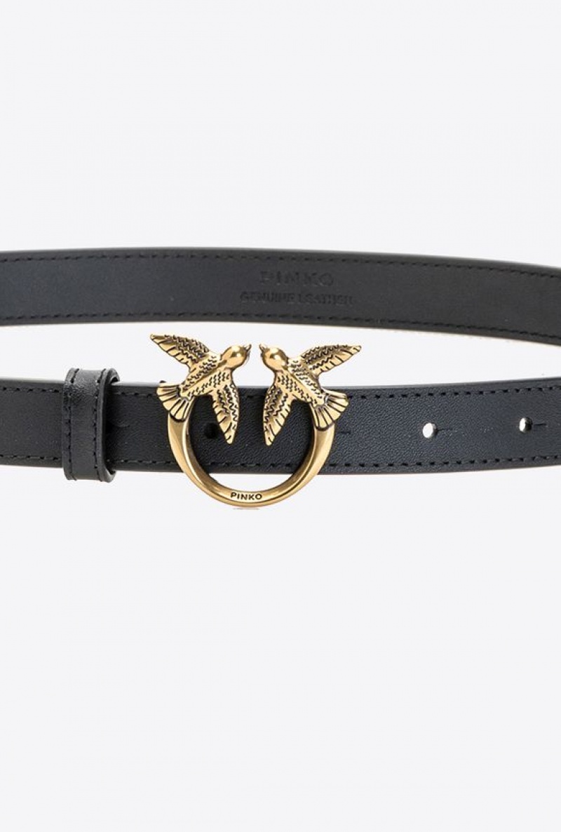 Pinko Love Birds Thin Leather Belt BLACK-ANTIQUE GOLD | SN-PKO34199