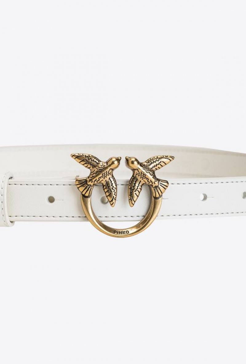 Pinko Love Birds Thin Leather Belt WHITE+WHITE-ANTIQUE GOLD | SN-PKO34194