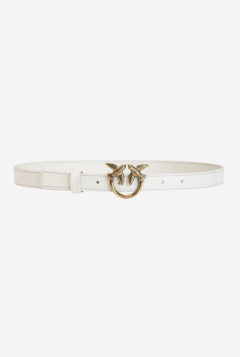 Pinko Love Birds Thin Leather Belt WHITE+WHITE-ANTIQUE GOLD | SN-PKO34194