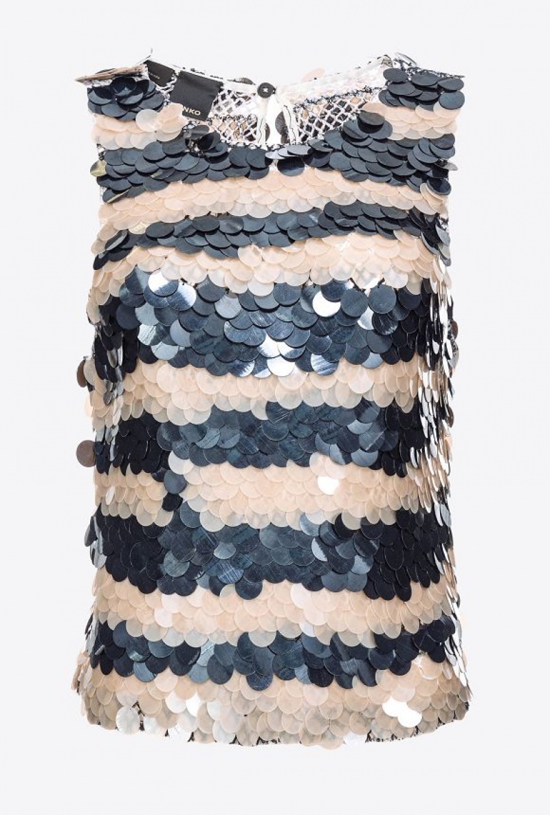 Pinko Mesh Top With Sequin Stripes BUTTER/BLACK | SN-PKO33229