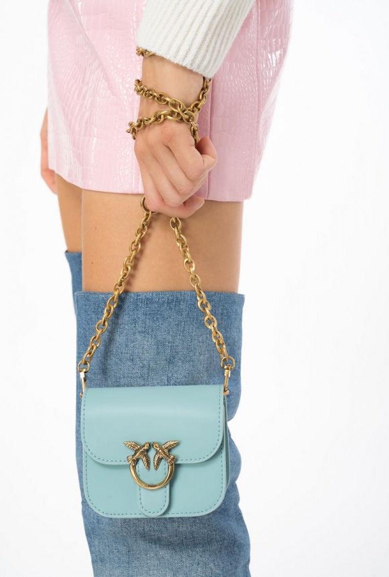 Pinko Micro Love Bag Bell In Leather SEA BLUE-ANTIQUE GOLD | SN-PKO32440