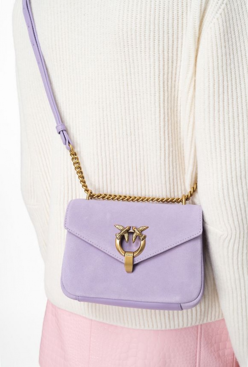 Pinko Mini Cupido Bag Messenger In Suede PURPLE TULIP-ANTIQUE GOLD | SN-PKO32639