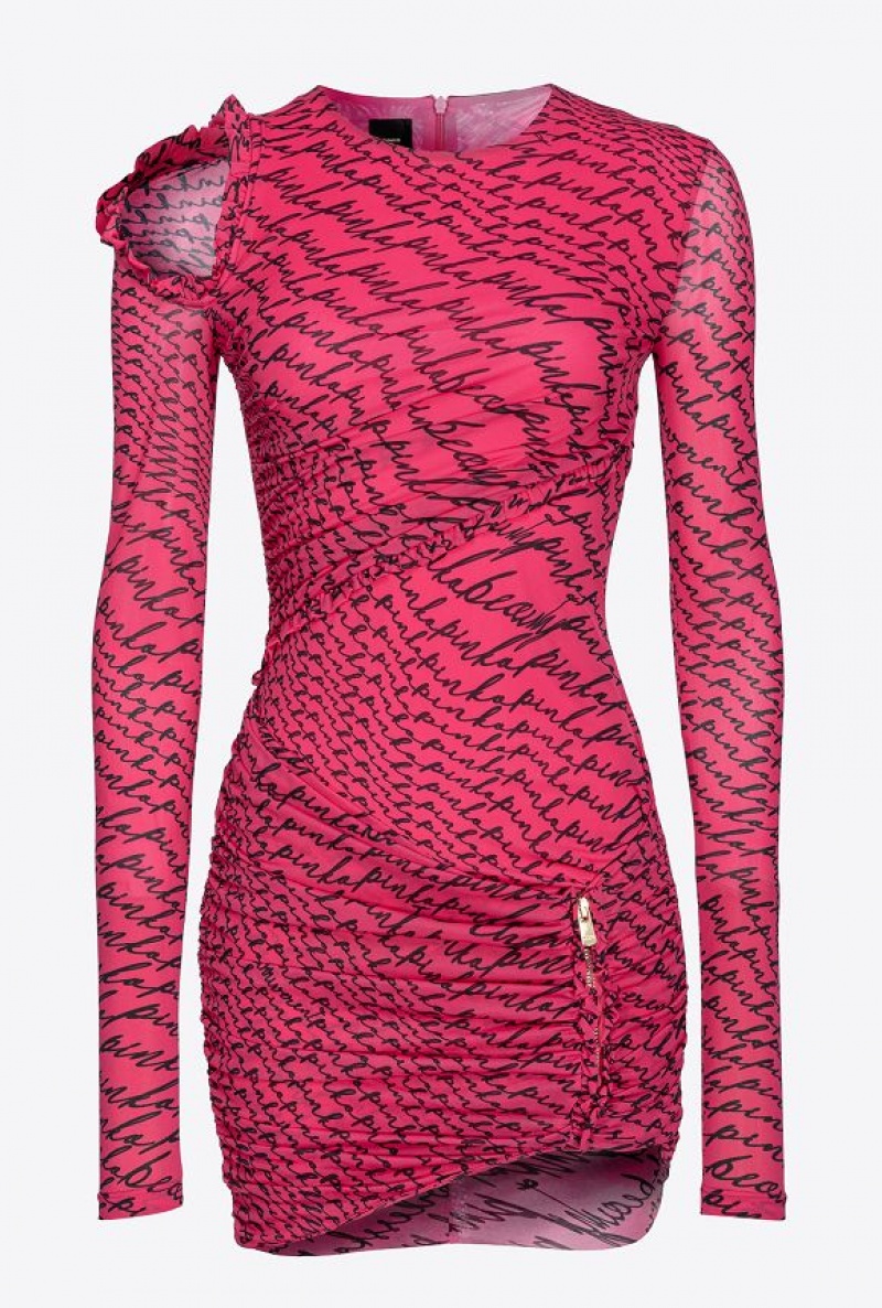 Pinko Mini Dress With Fluid Logo Print PINKO PINK/BLACK | SN-PKO33849