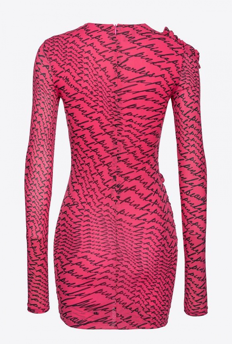 Pinko Mini Dress With Fluid Logo Print PINKO PINK/BLACK | SN-PKO33849