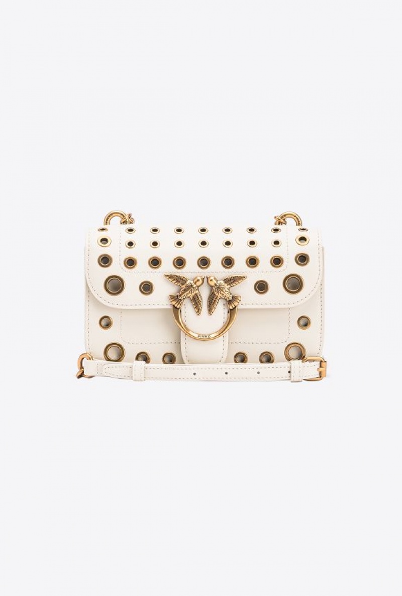 Pinko Mini Love Bag Bell With Metal Eyelets WHITE+WHITE-ANTIQUE GOLD | SN-PKO32547