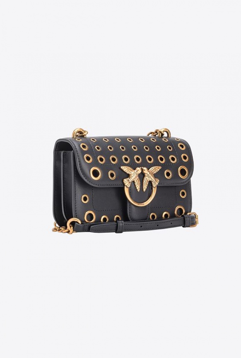 Pinko Mini Love Bag Bell With Metal Eyelets BLACK-ANTIQUE GOLD | SN-PKO32548