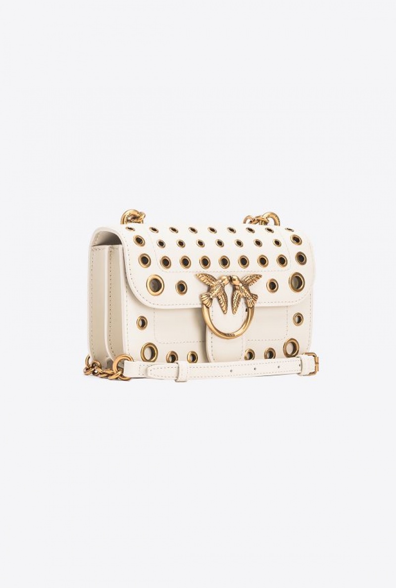 Pinko Mini Love Bag Bell With Metal Eyelets WHITE+WHITE-ANTIQUE GOLD | SN-PKO32757