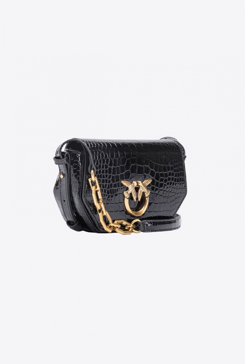 Pinko Mini Love Bag Click Exagon In Patent Crocodile-print Leather BLACK-ANTIQUE GOLD | SN-PKO32436