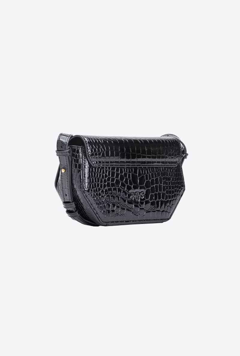 Pinko Mini Love Bag Click Exagon In Patent Crocodile-print Leather BLACK-ANTIQUE GOLD | SN-PKO32436