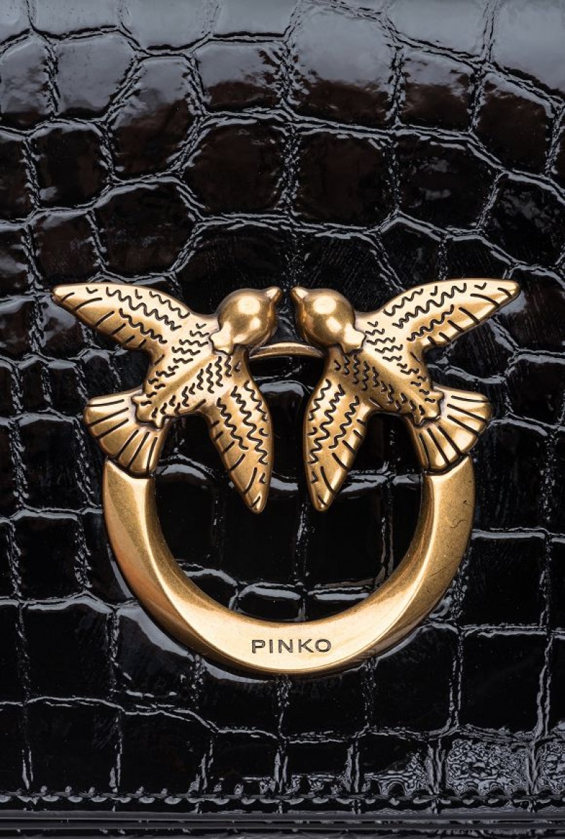 Pinko Mini Love Bag Click Exagon In Patent Crocodile-print Leather BLACK-ANTIQUE GOLD | SN-PKO32436