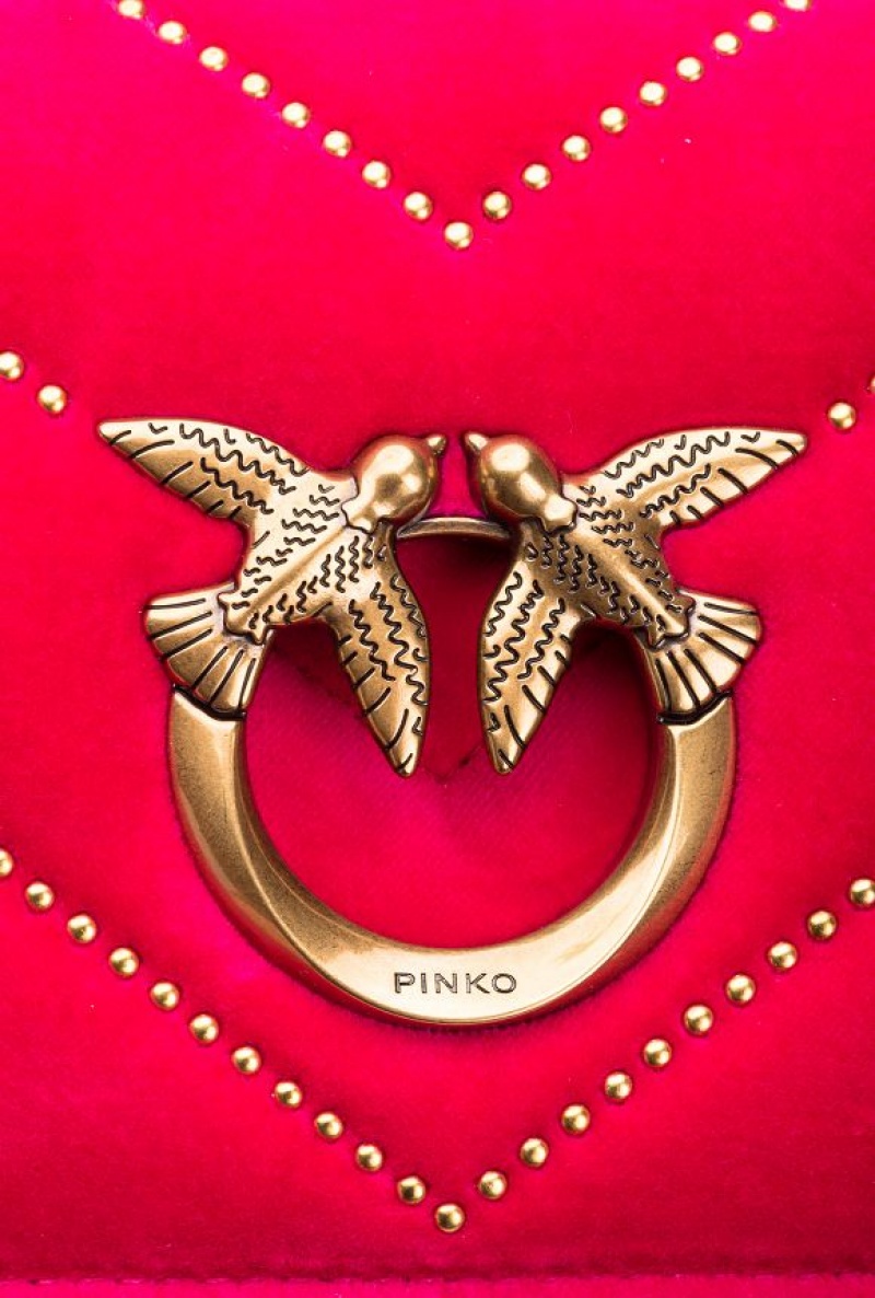 Pinko Mini Love Bag Click In Velvet With Studs CHERRY-ANTIQUE GOLD | SN-PKO32543