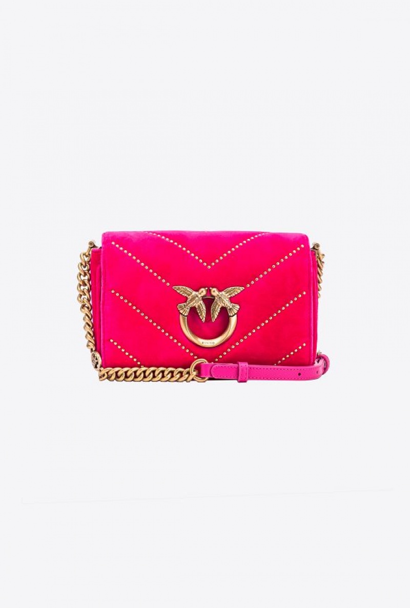 Pinko Mini Love Bag Click In Velvet With Studs CHERRY-ANTIQUE GOLD | SN-PKO32543