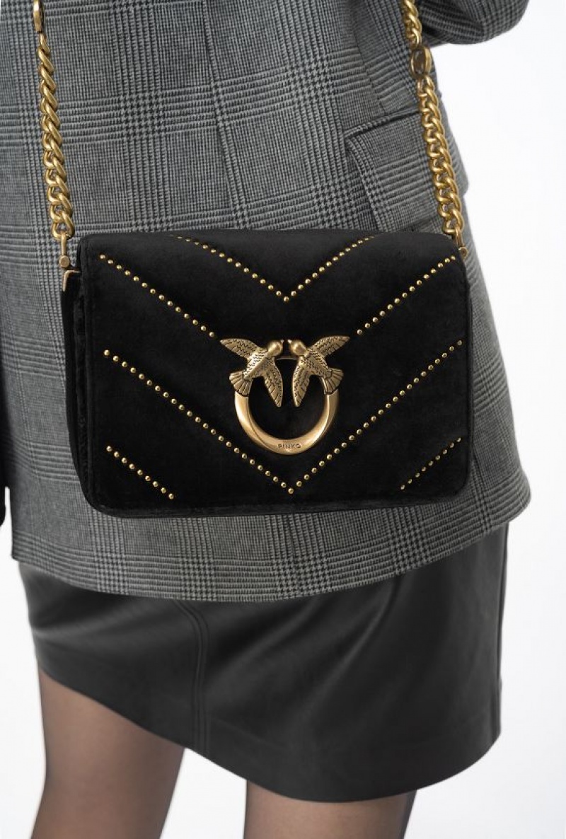 Pinko Mini Love Bag Click In Velvet With Studs BLACK-ANTIQUE GOLD | SN-PKO32545