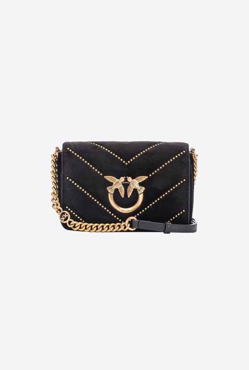 Pinko Mini Love Bag Click In Velvet With Studs BLACK-ANTIQUE GOLD | SN-PKO32759