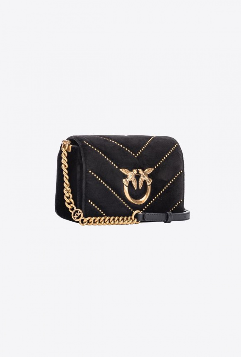 Pinko Mini Love Bag Click In Velvet With Studs BLACK-ANTIQUE GOLD | SN-PKO32835