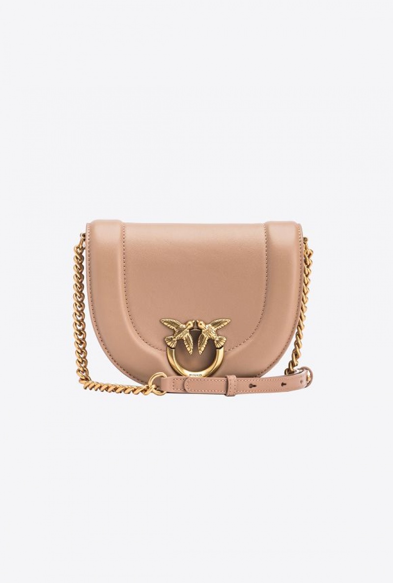 Pinko Mini Love Bag Click Round In Leather GINGER BISCUIT-ANTIQUE GOLD | SN-PKO32445