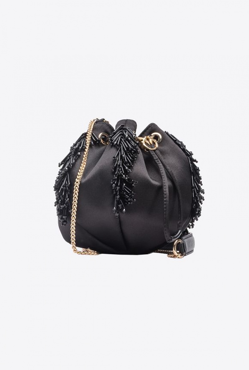 Pinko Mini Satchel Bag In Satin With Fringe LIMO BLACK-SHINY GOLD | SN-PKO32725