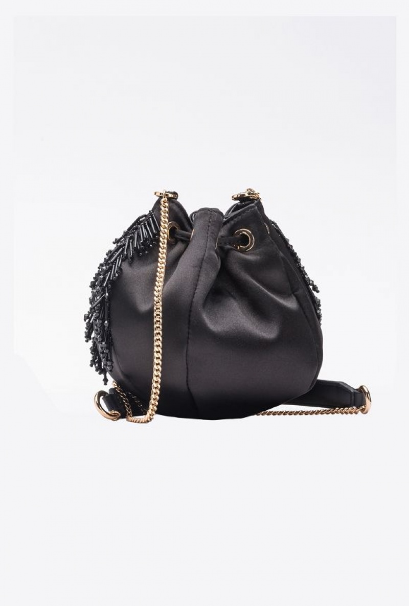 Pinko Mini Satchel Bag In Satin With Fringe LIMO BLACK-SHINY GOLD | SN-PKO32824