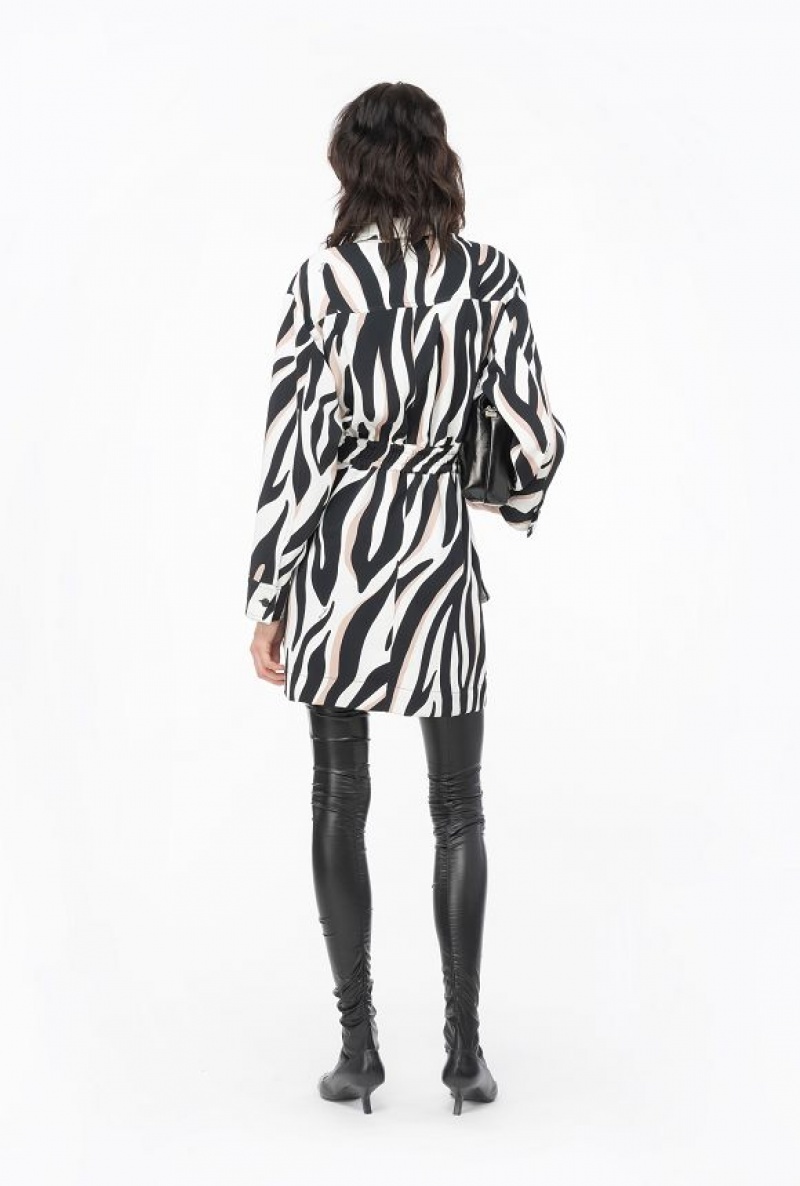 Pinko Mini Shirt Dress With Psychedelic Zebra Print WHITE/BLACK/ BEIGE | SN-PKO33101