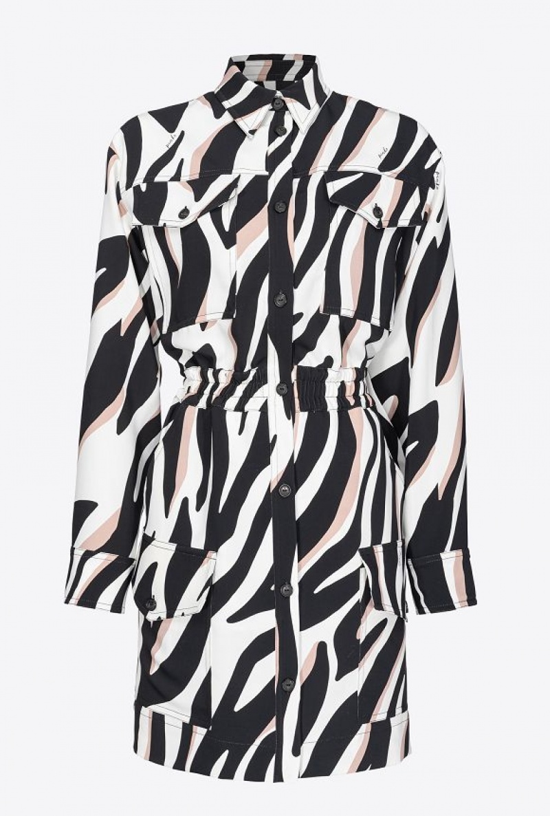 Pinko Mini Shirt Dress With Psychedelic Zebra Print WHITE/BLACK/ BEIGE | SN-PKO33101