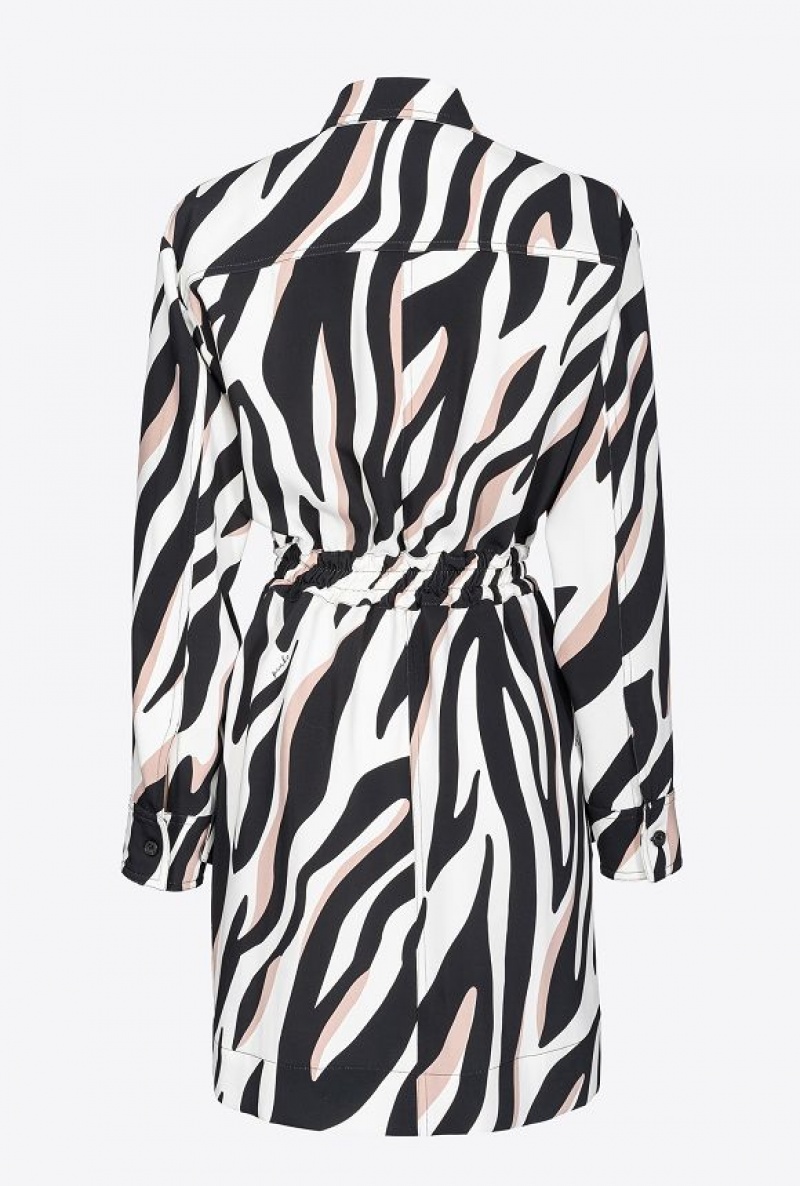 Pinko Mini Shirt Dress With Psychedelic Zebra Print WHITE/BLACK/ BEIGE | SN-PKO33101