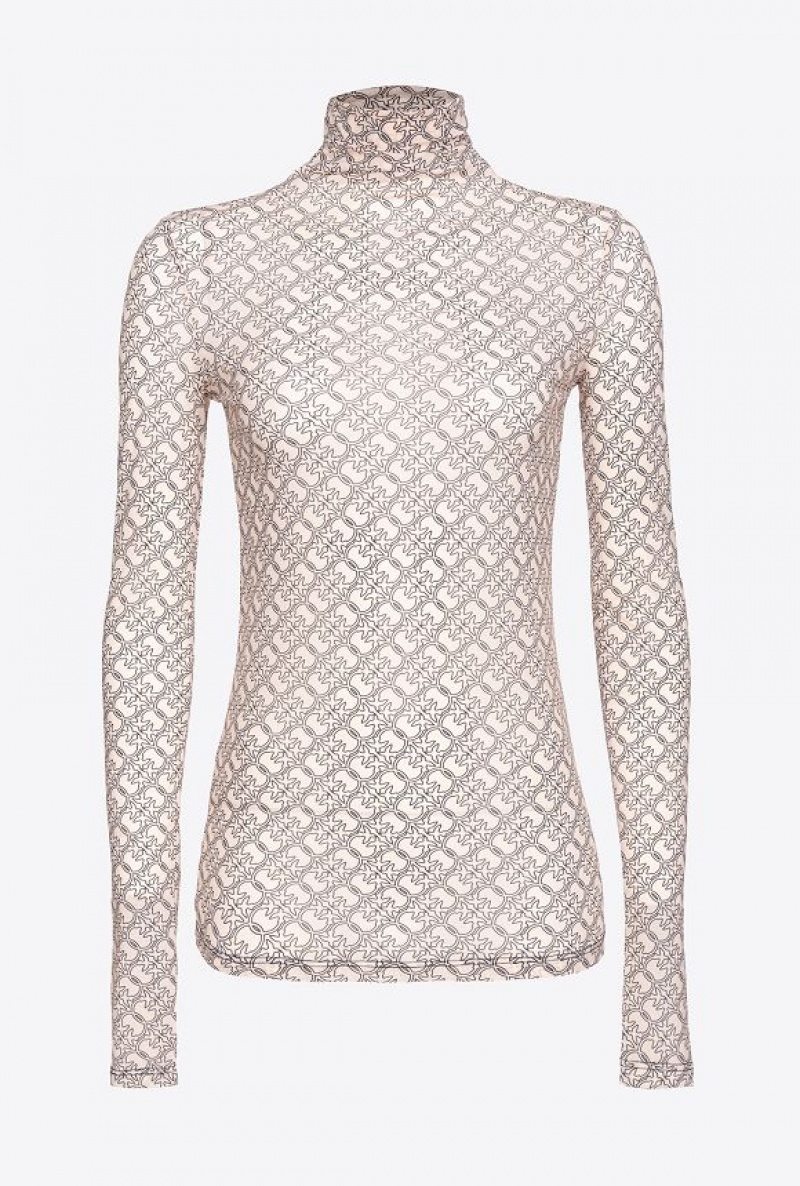 Pinko Mock-turtleneck Sweater With Logo Print IVORY/BLACK | SN-PKO33515