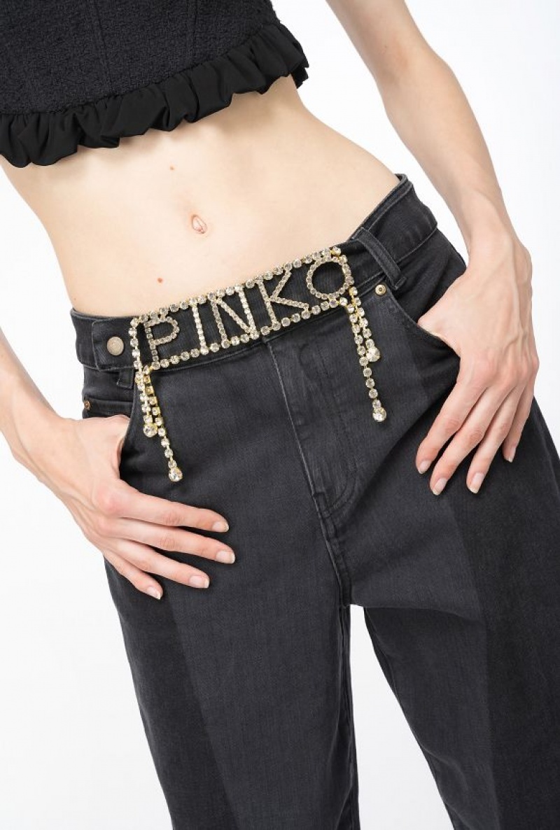 Pinko Mom-fit Black Denim Jeans With Rhinestone Logo GREY/BLACK | SN-PKO34021