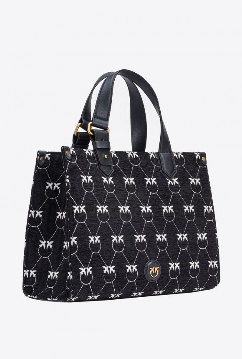 Pinko Monogram Jacquard Shopper Box Bag BLACK/WHITE-ANTIQUE GOLD | SN-PKO32401