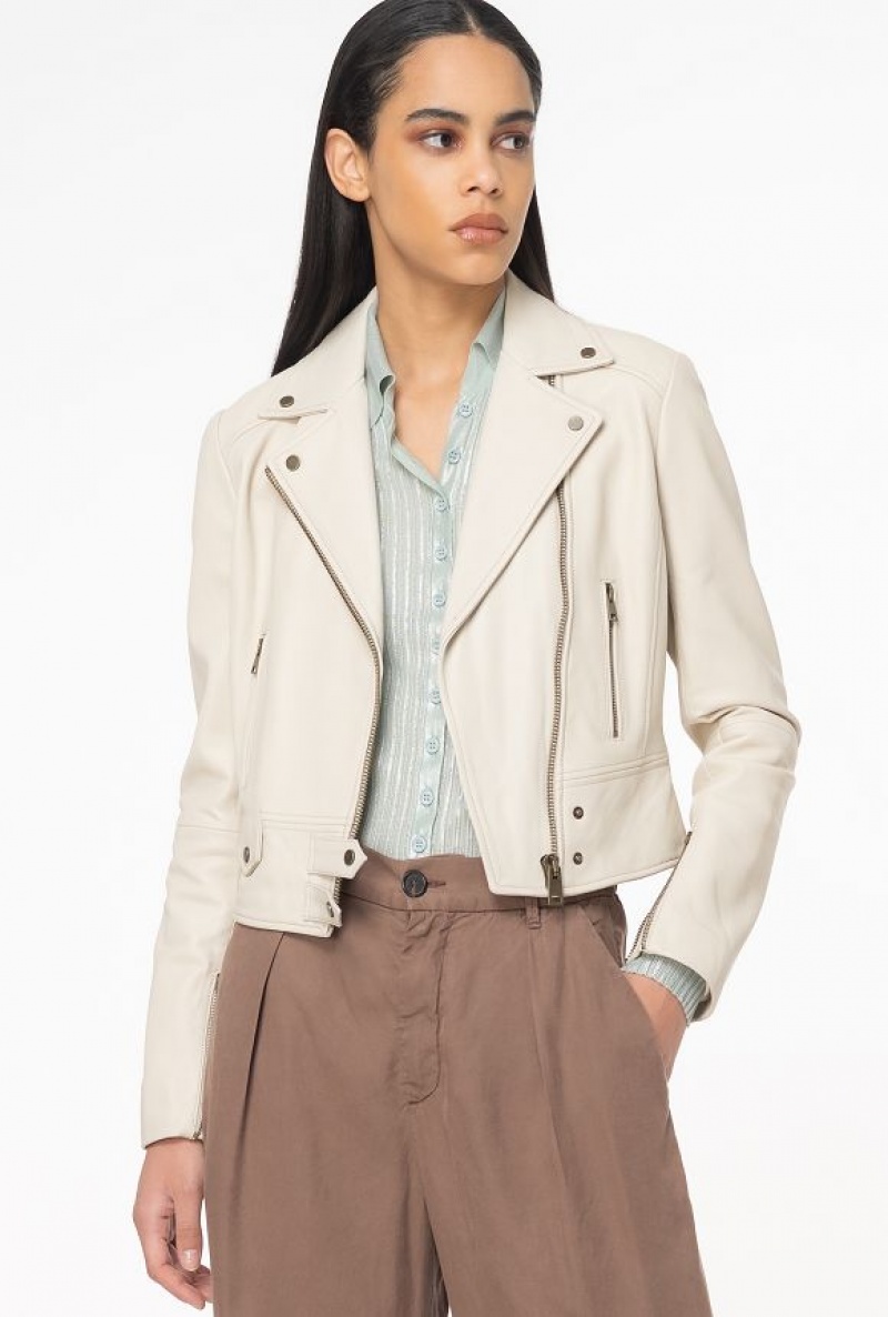 Pinko Nappa Leather Biker Jacket BEIGE-OATMEAL | SN-PKO33589