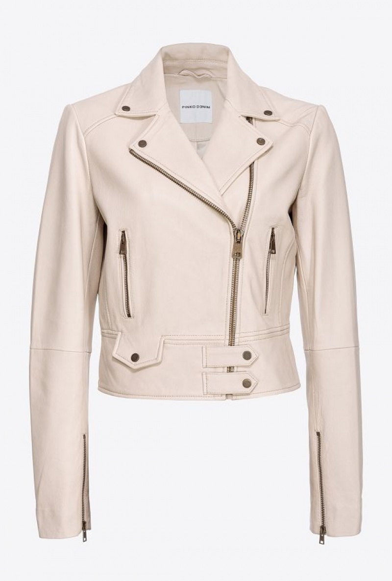 Pinko Nappa Leather Biker Jacket BEIGE-OATMEAL | SN-PKO33589