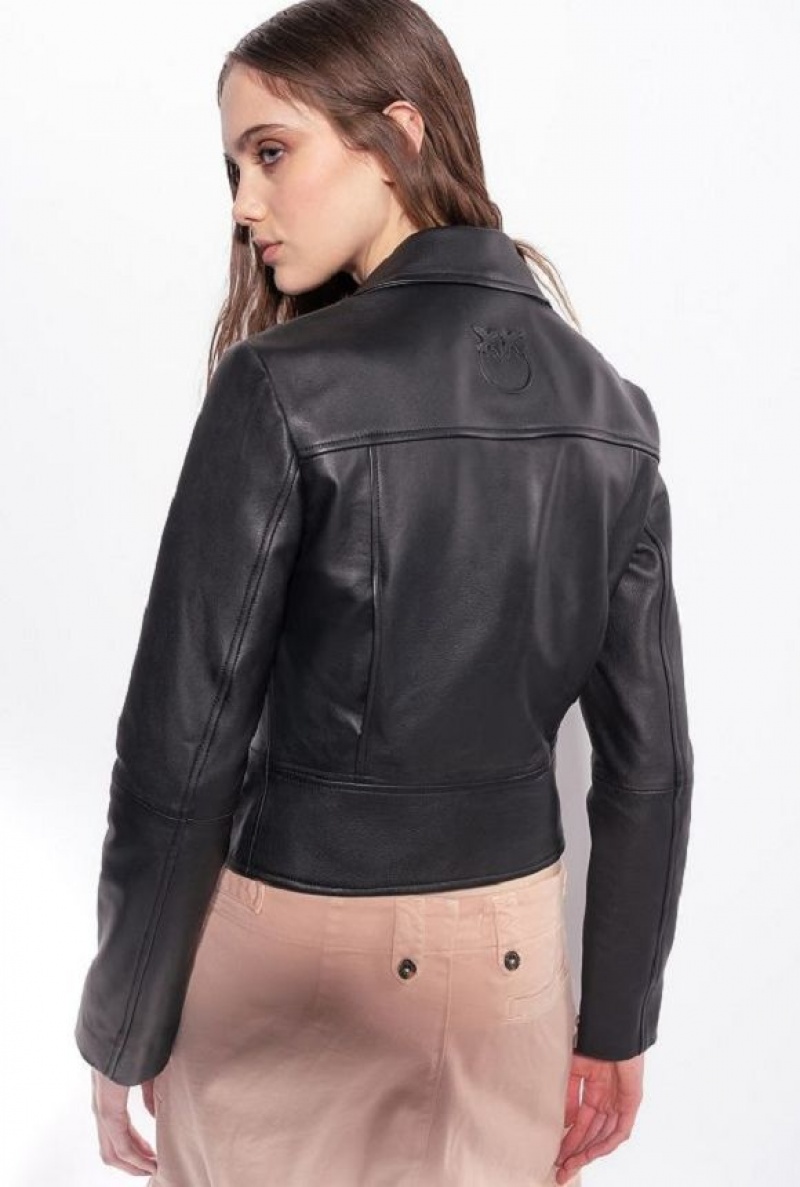 Pinko Nappa Leather Biker Jacket LIMO BLACK | SN-PKO33602