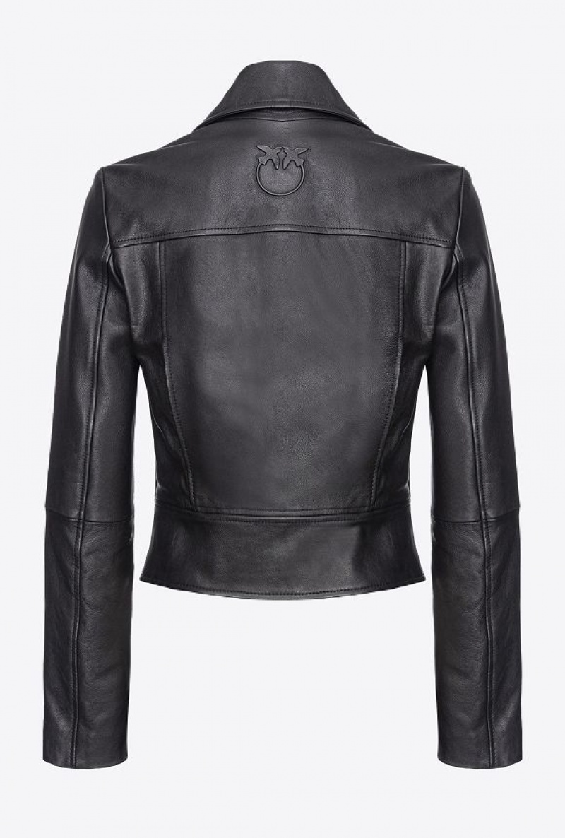 Pinko Nappa Leather Biker Jacket LIMO BLACK | SN-PKO33602