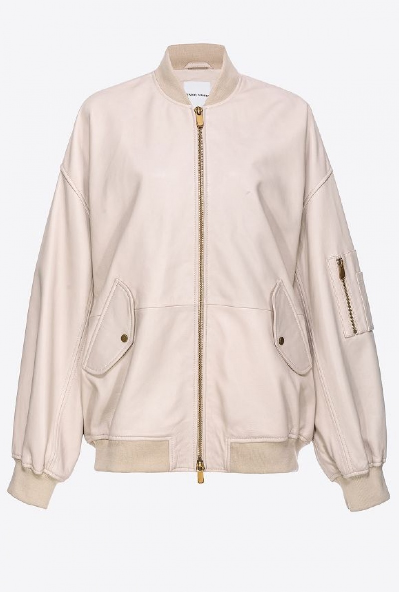 Pinko Nappa Leather Bomber Jacket BEIGE-OATMEAL | SN-PKO33573