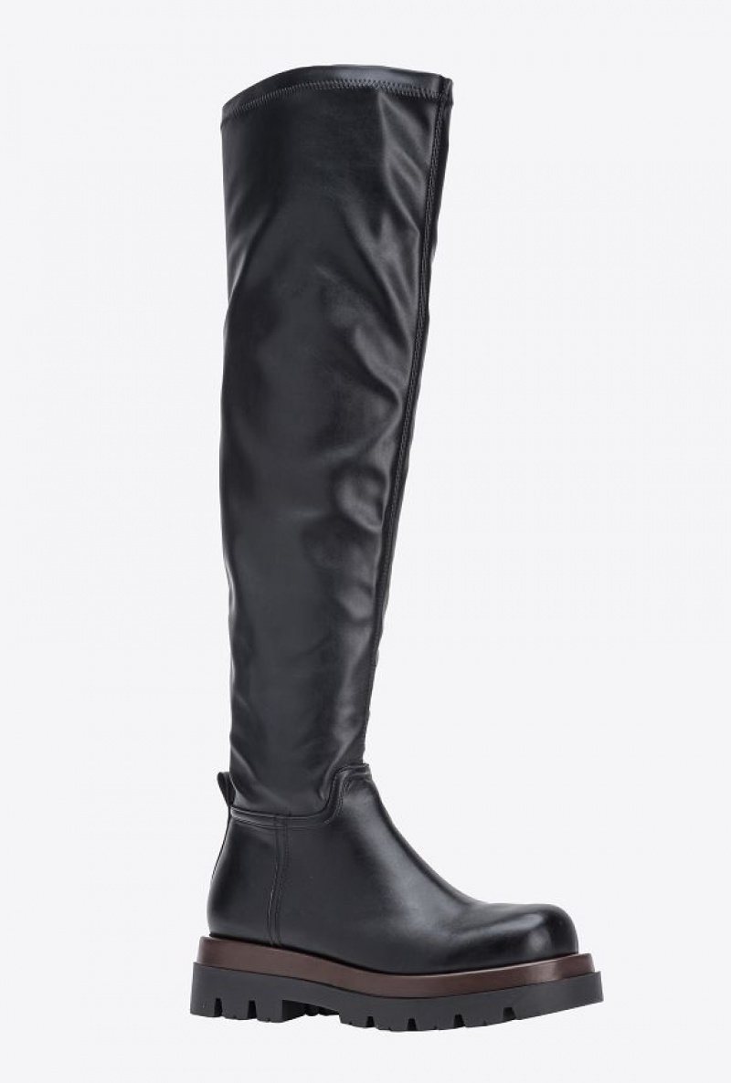 Pinko Nappa-effect Thigh-high Combat Boots LIMO BLACK | SN-PKO34141