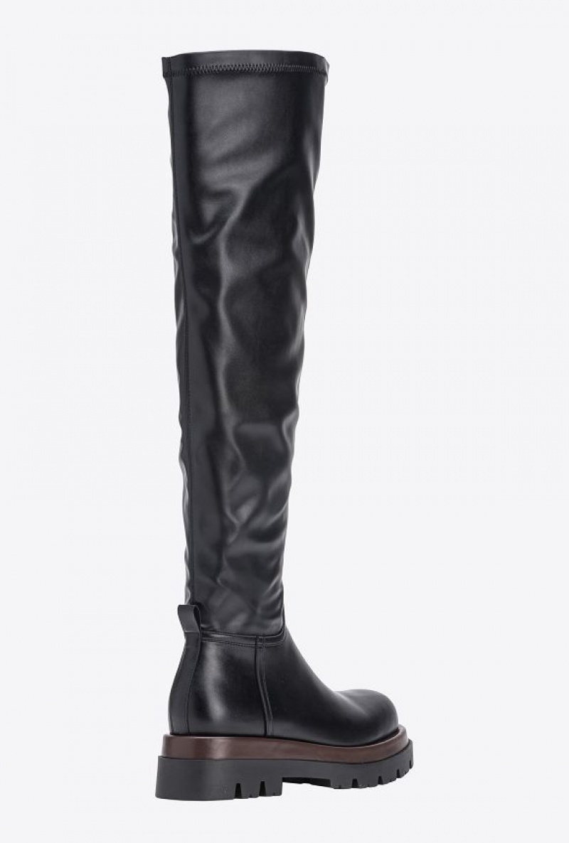 Pinko Nappa-effect Thigh-high Combat Boots LIMO BLACK | SN-PKO34141