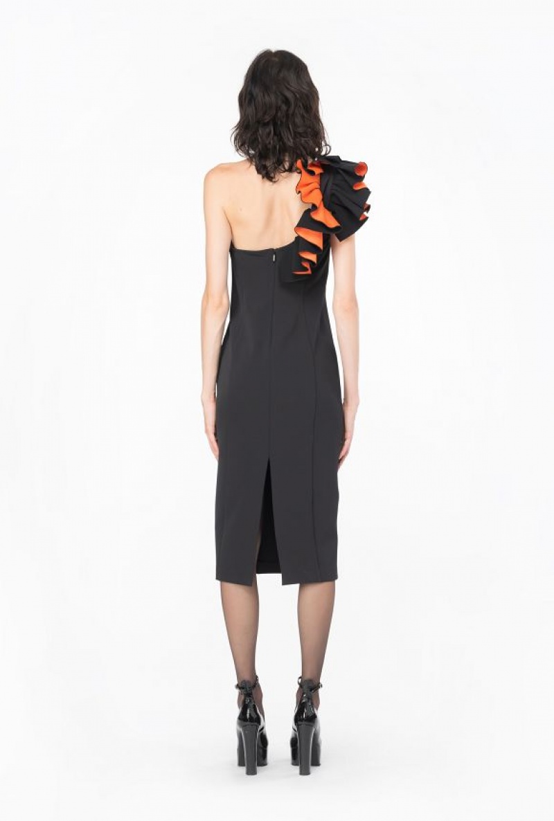 Pinko One-shoulder Calf-length Dress With Ruching BLACK/ORANGE | SN-PKO33110