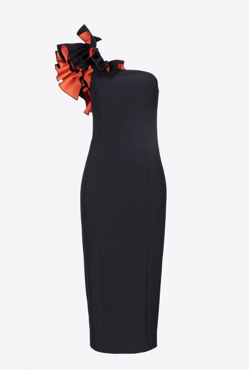 Pinko One-shoulder Calf-length Dress With Ruching BLACK/ORANGE | SN-PKO33110